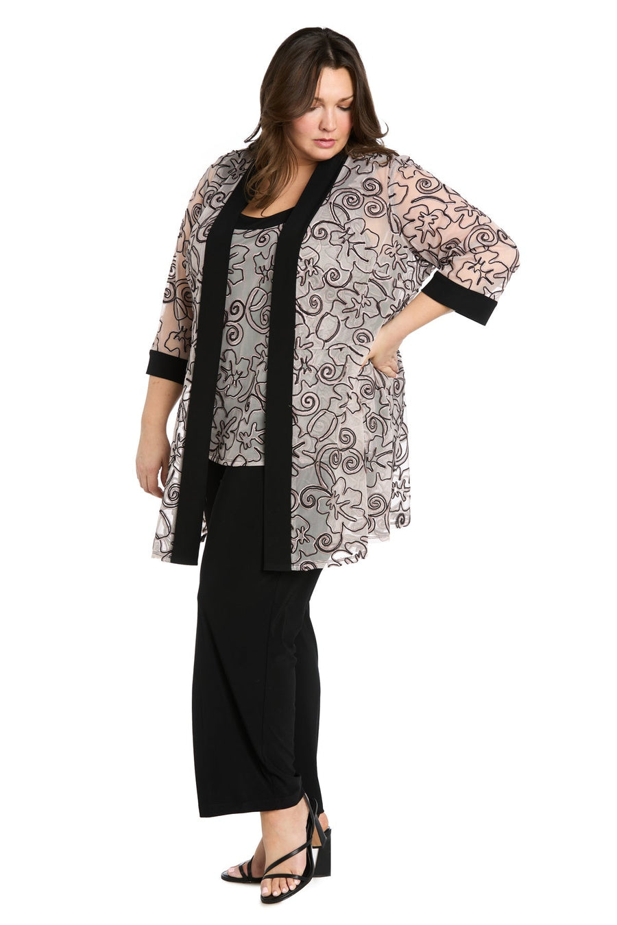 Pant Suit Long Plus Size 3D Floral Formal Jacket Pant Suit Black/Blush