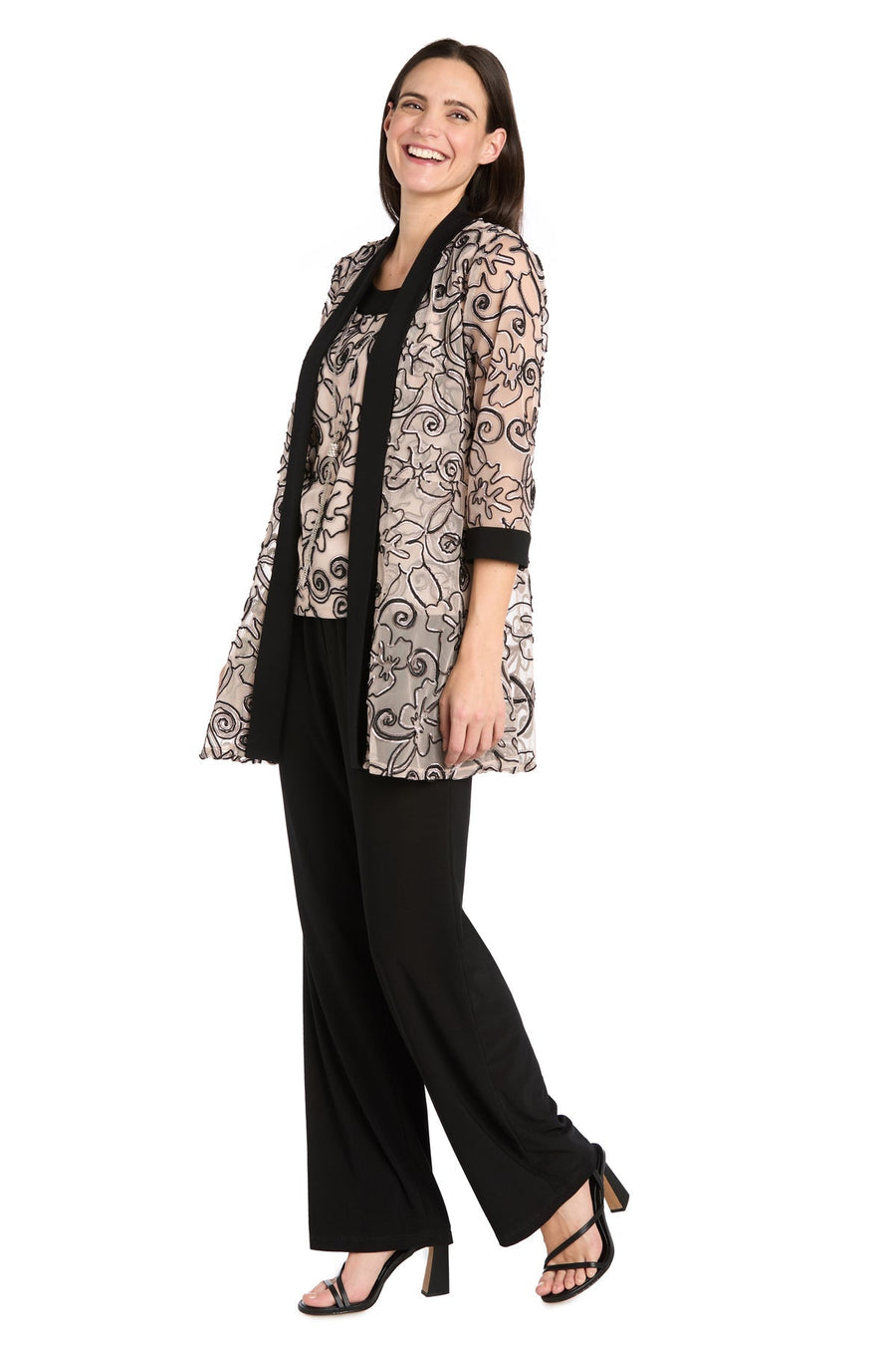 Pant Suit  Long Formal 3D Floral Jacket Pant Suit Black/Blush