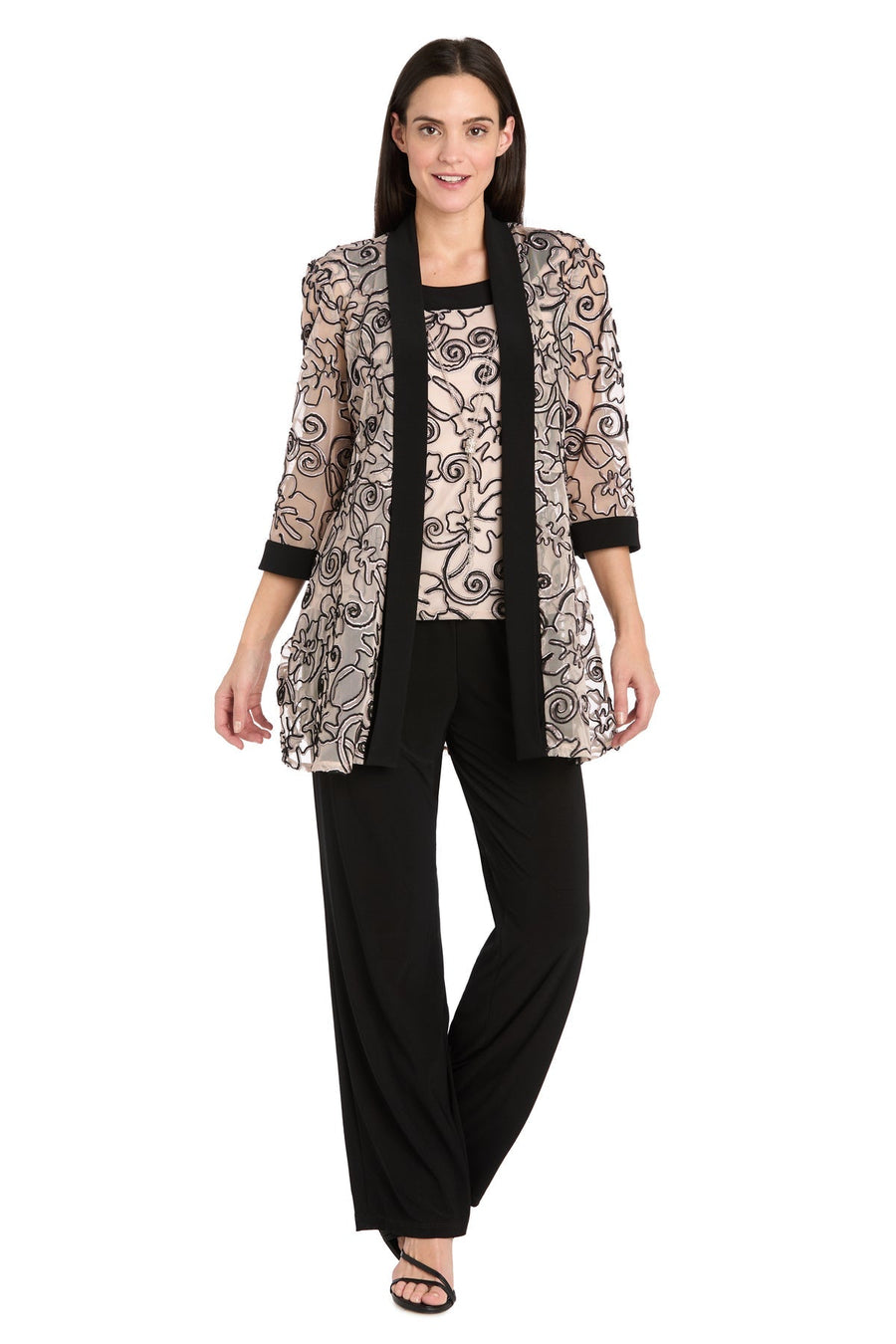 Pant Suit  Long Formal 3D Floral Jacket Pant Suit Black/Blush