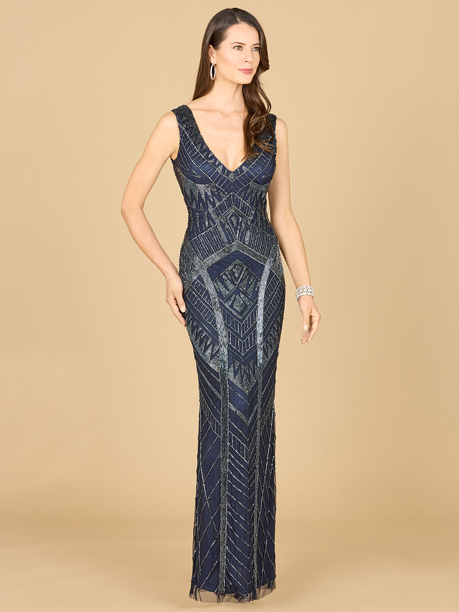 Prom Dresses Fitted Long Beaded Lace Evening Prom Dress Navy