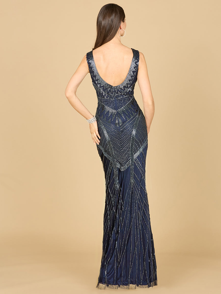 Prom Dresses Fitted Long Beaded Lace Evening Prom Dress Navy