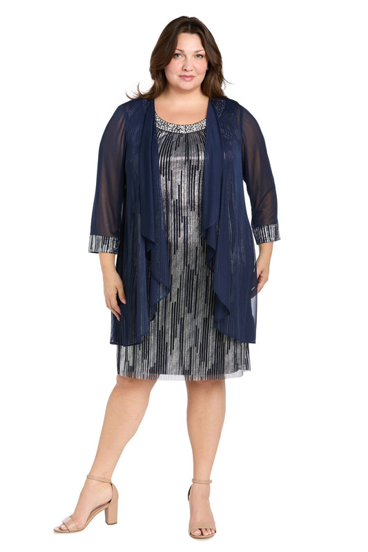 Plus Size Dresses Short Cocktail Plus Size Metallic Jacket Dress Navy/Silver