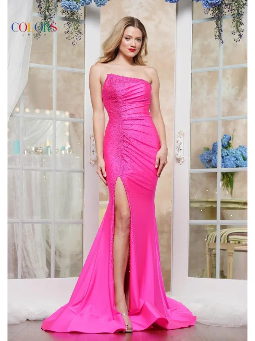 Prom Dresses Long Beaded Slit Formal Prom Dress Hot Pink