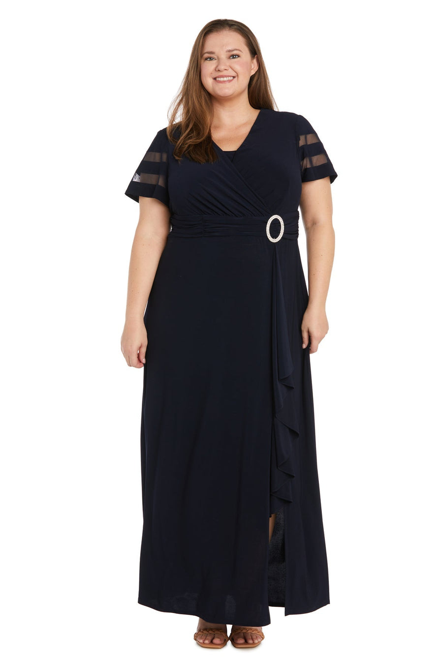 Plus Size Dresses Plus Size Long Ruffle Slit Formal Dress Navy