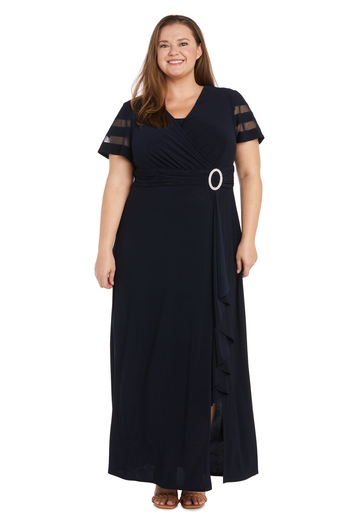 Plus Size Dresses Plus Size Long Ruffle Slit Formal Dress Navy