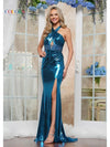 Prom Dresses Fitted Evening Long Formal Metallic Prom Dress Peacock