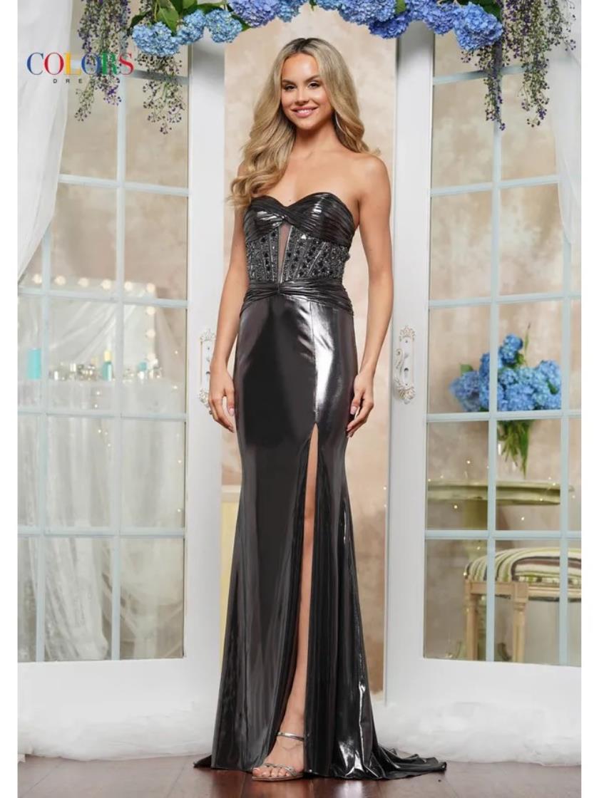 Prom Dresses Long Formal Fitted Metallic Prom Dress Gunmetal