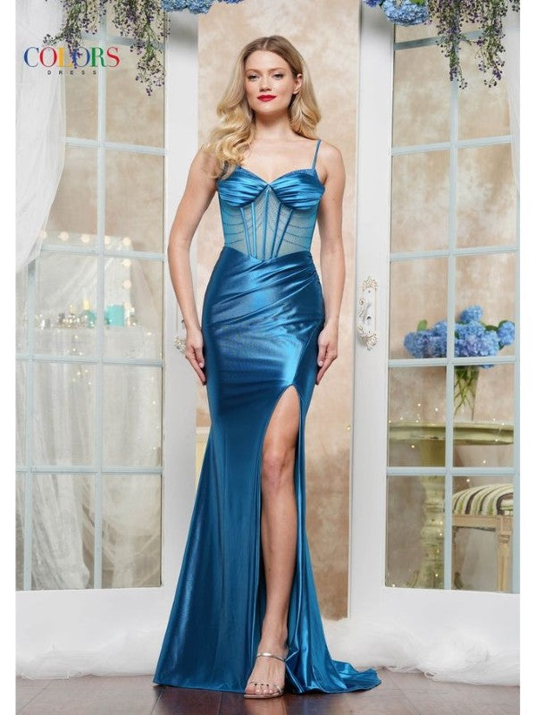 Prom Dresses Formal Long Slit Fitted Metallic Prom Dress Teal