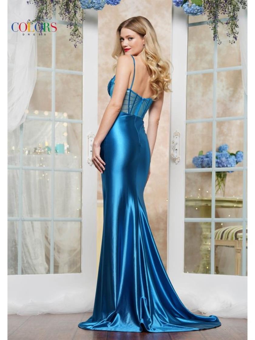 Prom Dresses Formal Long Slit Fitted Metallic Prom Dress Teal