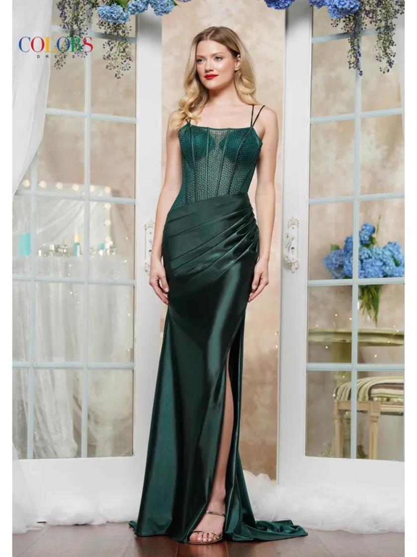 Prom Dresses Long Slit Fitted Metallic Formal Prom Dress Deep Green