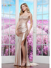 Prom Dresses Long Slit Fitted Metallic Formal Prom Dress Nude