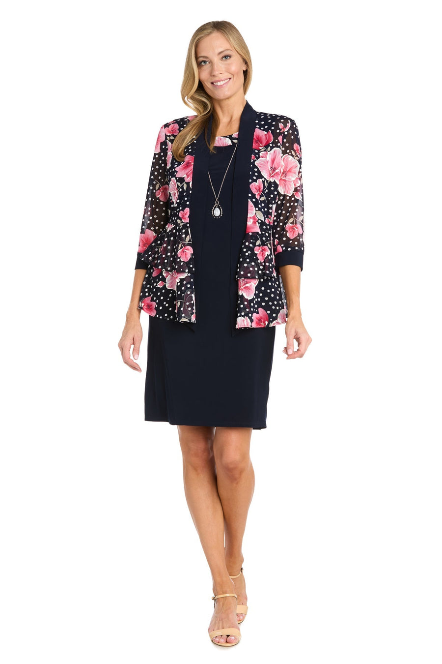 Mother of the Bride Dresses Mother of the Bride Floral Print Short Jacket Dress Navy/Rose