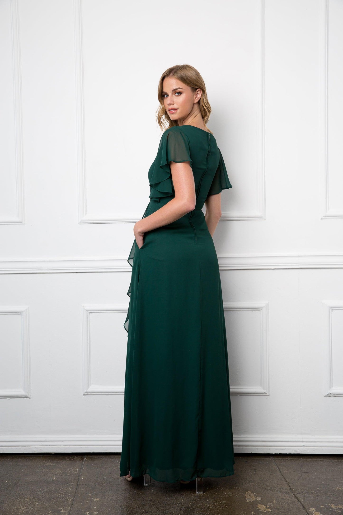 Long Formal Ruffle Sleeve Chiffon Evening Dress Sale