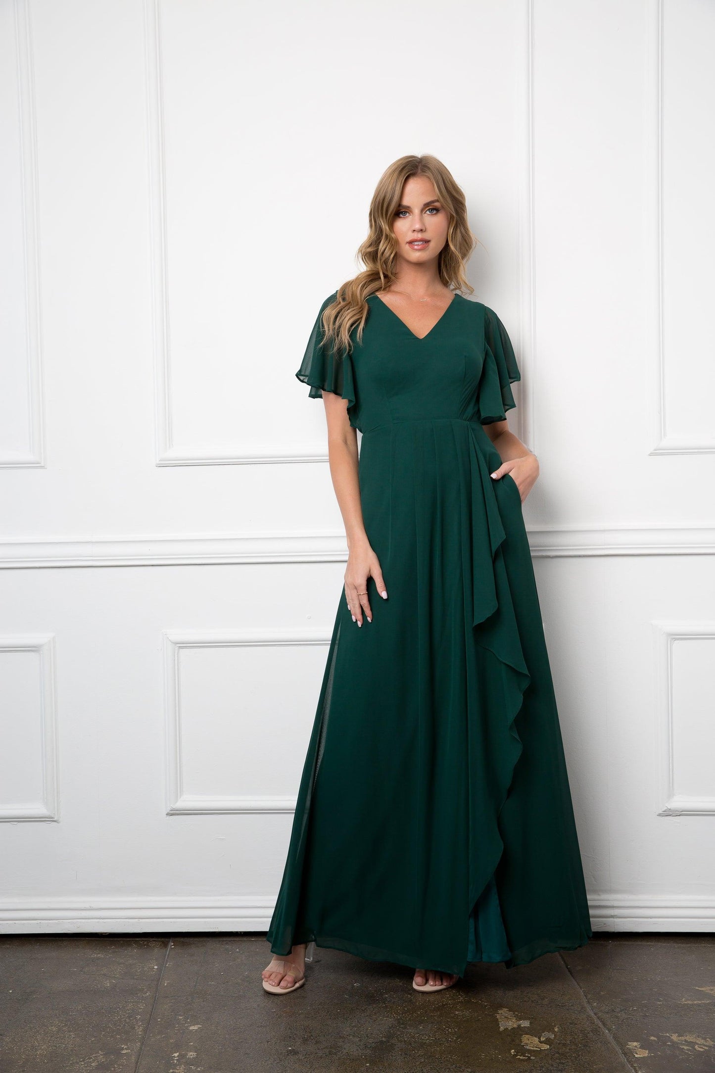 Long Formal Ruffle Sleeve Chiffon Evening Dress Sale