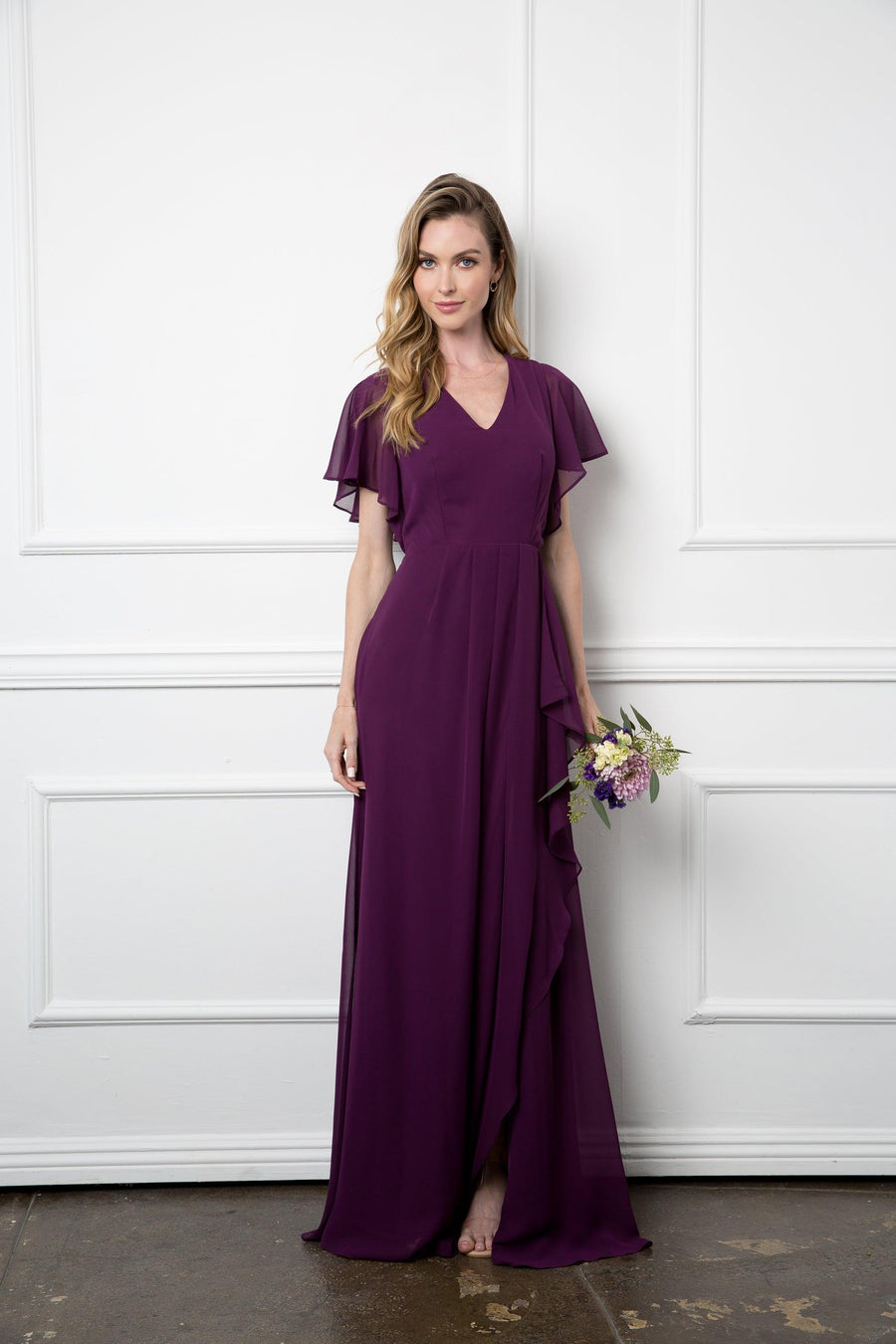 Long Formal Ruffle Sleeve Chiffon Evening Dress Sale