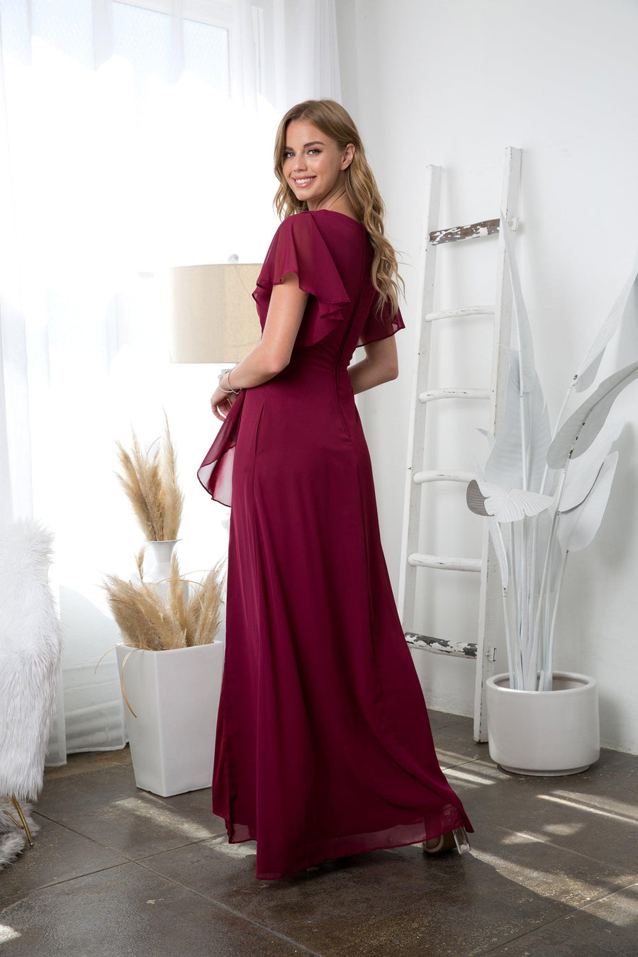 Long Formal Ruffle Sleeve Chiffon Evening Dress Sale
