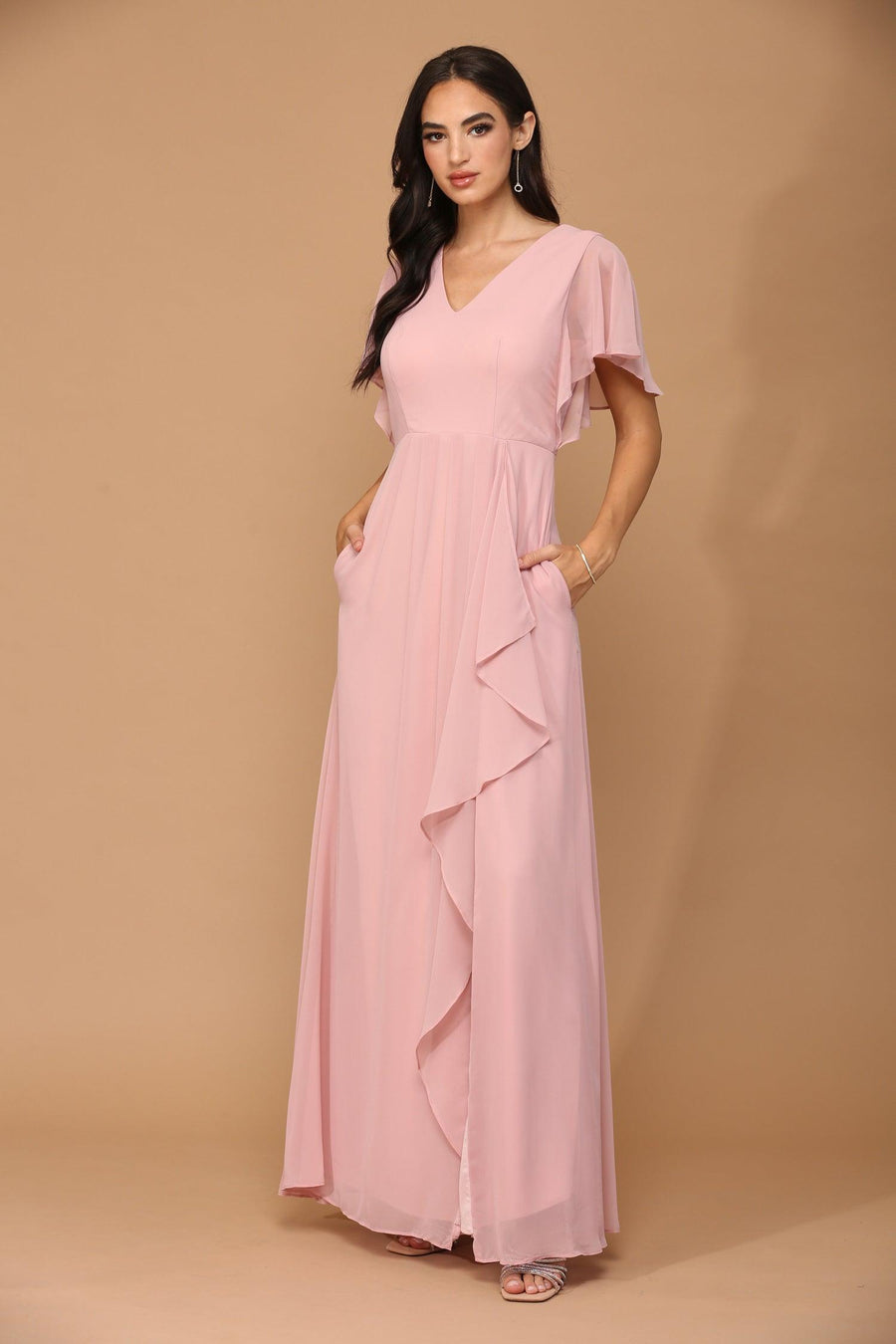 Long Formal Ruffle Sleeve Chiffon Evening Dress Sale