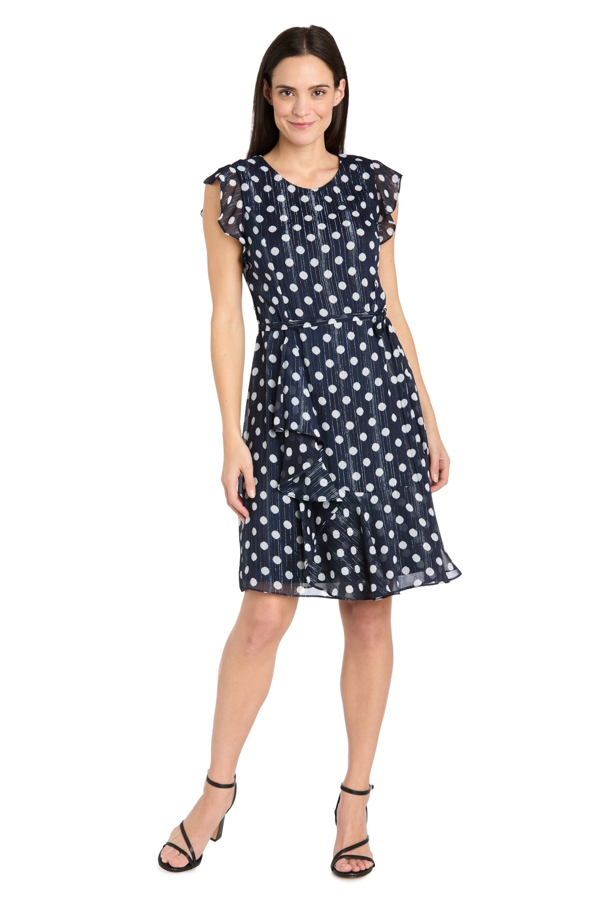 Cocktail Dresses Short Petite Polka Dot Ruffle Cocktail Dress Navy/White