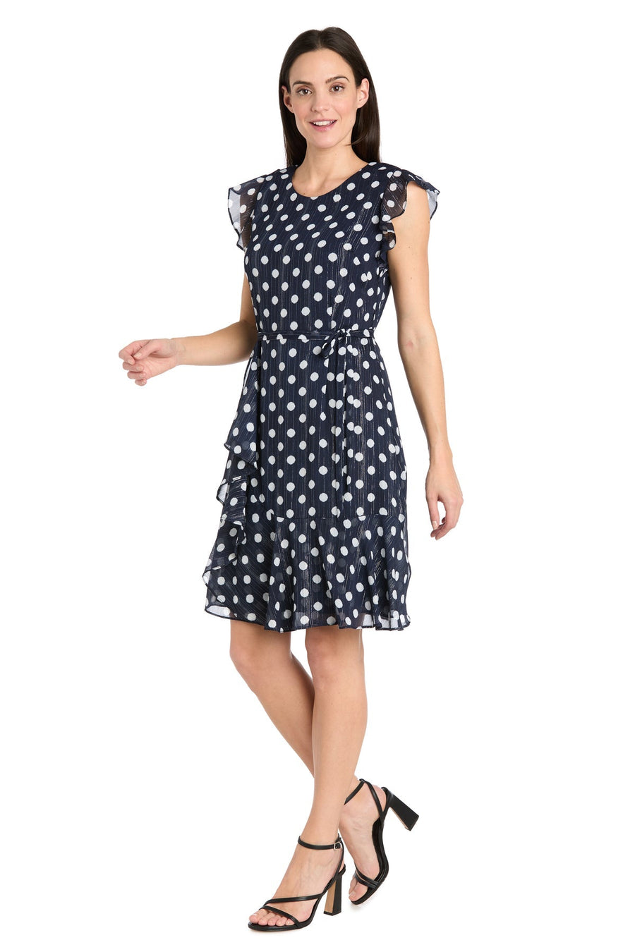 Cocktail Dresses Short Petite Polka Dot Ruffle Cocktail Dress Navy/White