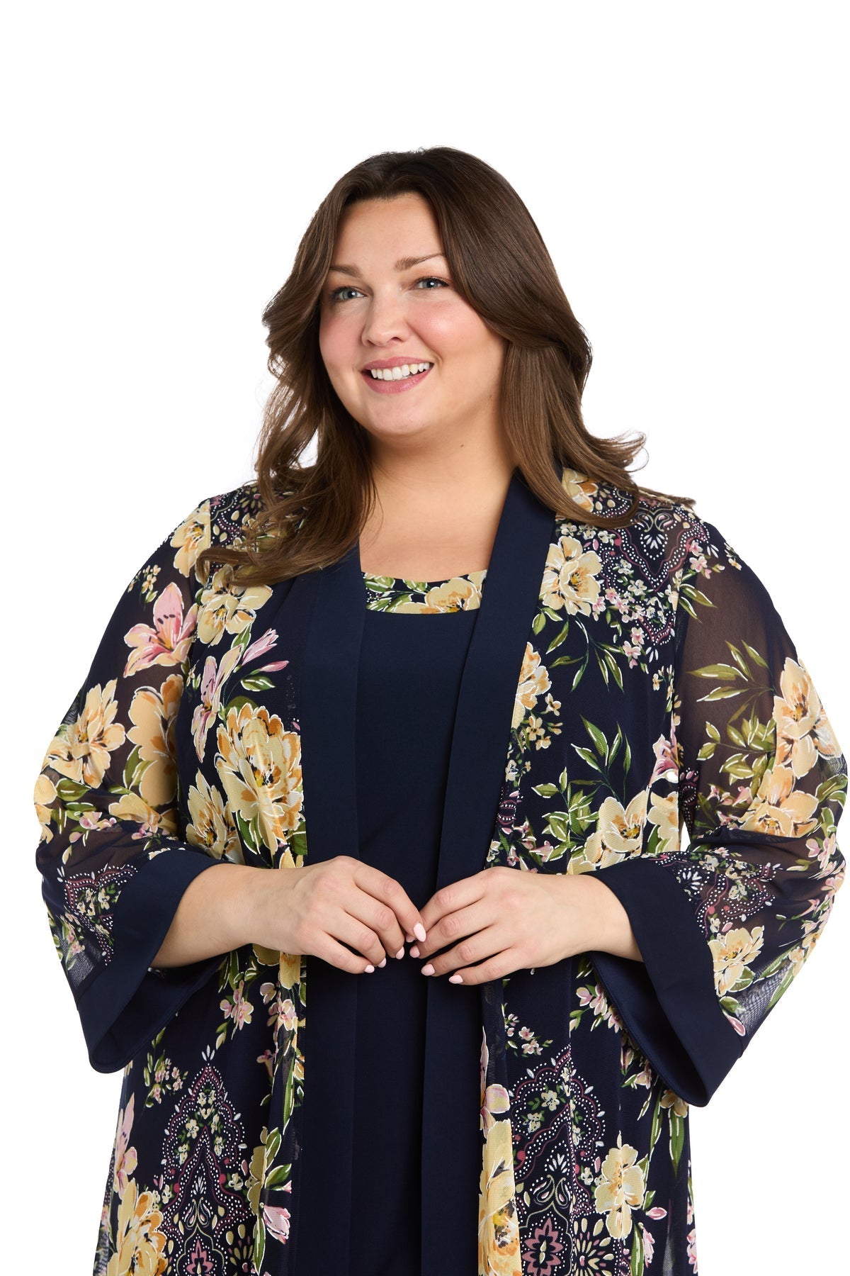 Plus Size Dresses Two Piece Short Plus Size Floral Jacket Dres Navy/Yellow