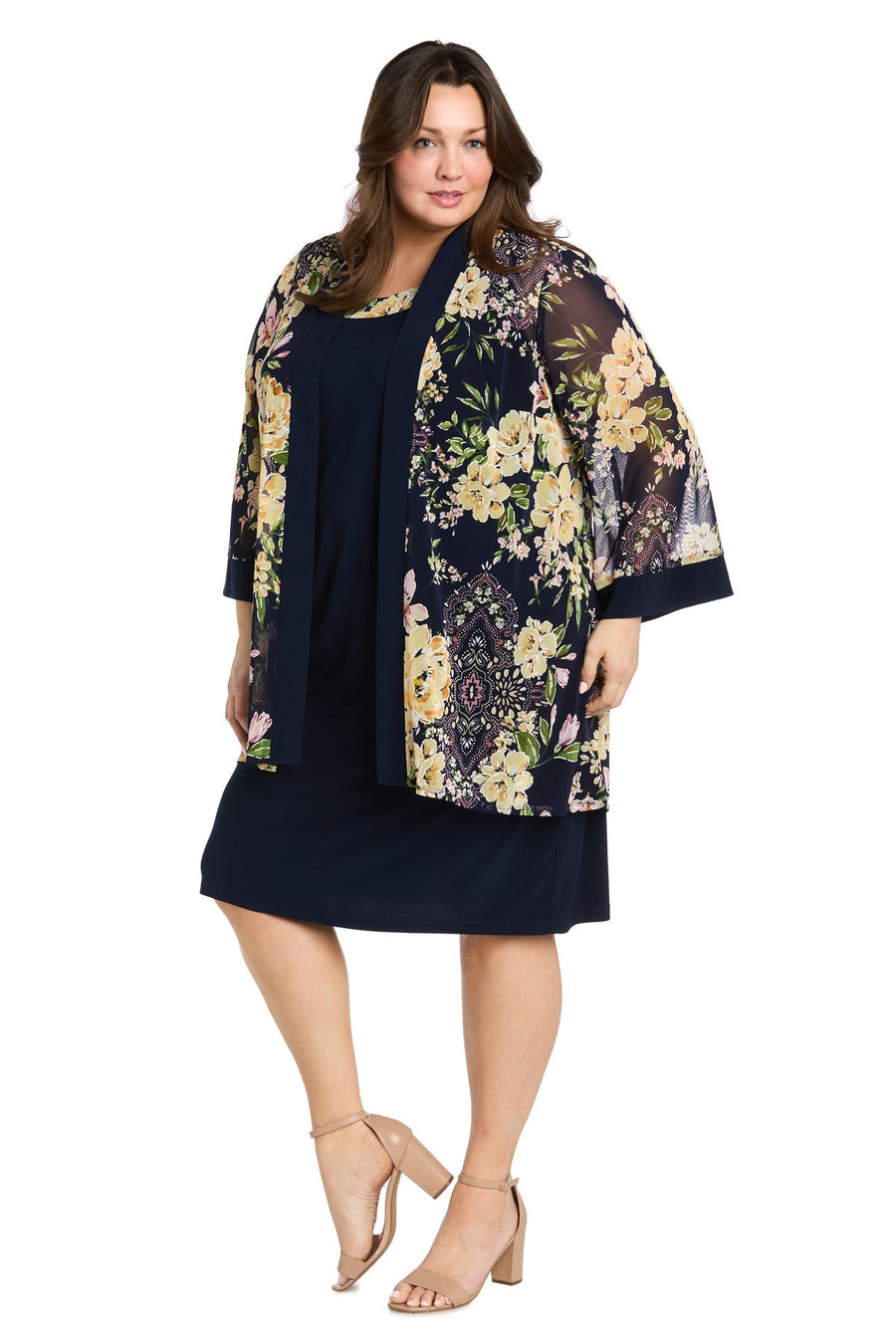 Plus Size Dresses Two Piece Short Plus Size Floral Jacket Dres Navy/Yellow