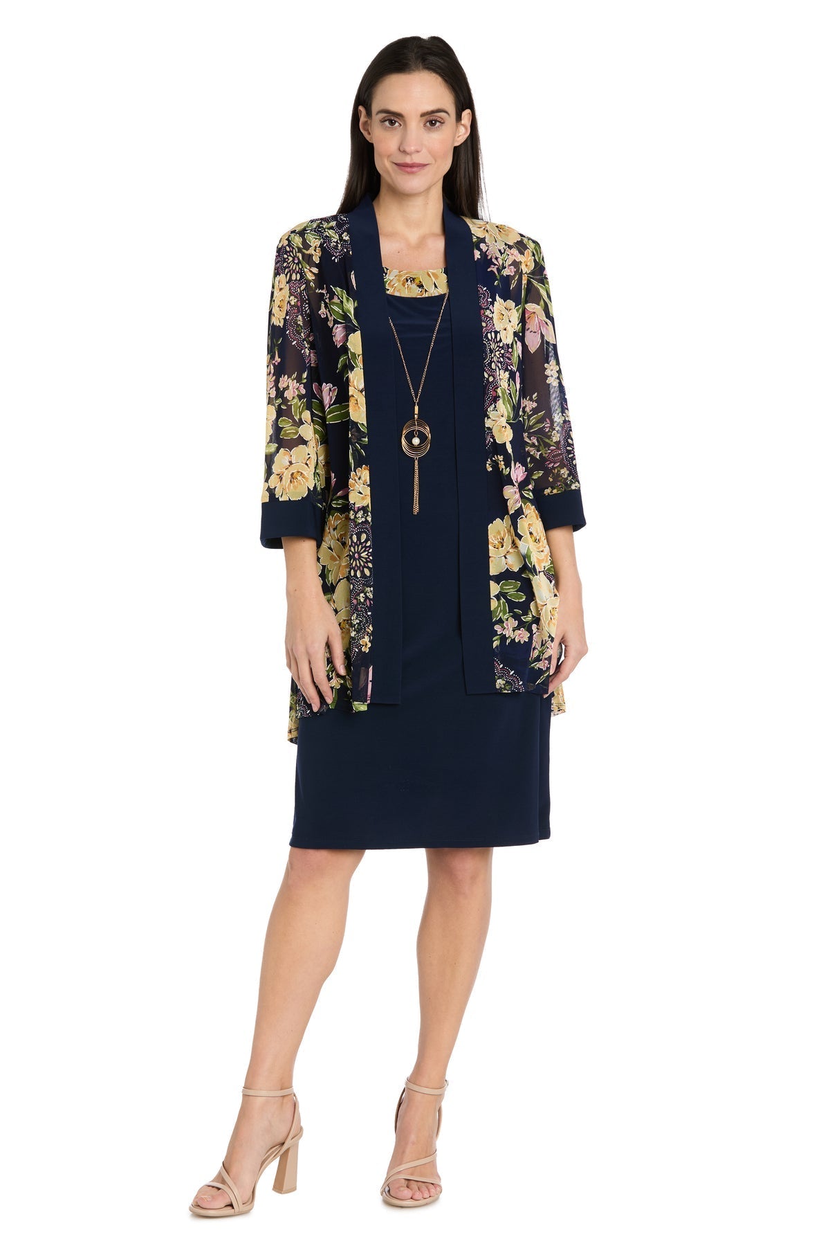 Mother of the BrideDresses Short Mother of the Bride Floral Jacket Dress Navy/Yellow