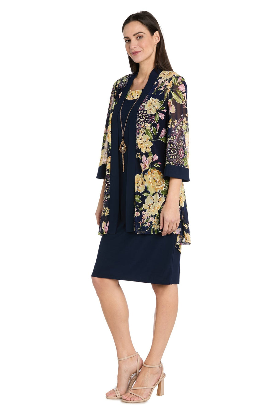 Mother of the BrideDresses Short Mother of the Bride Floral Jacket Dress Navy/Yellow