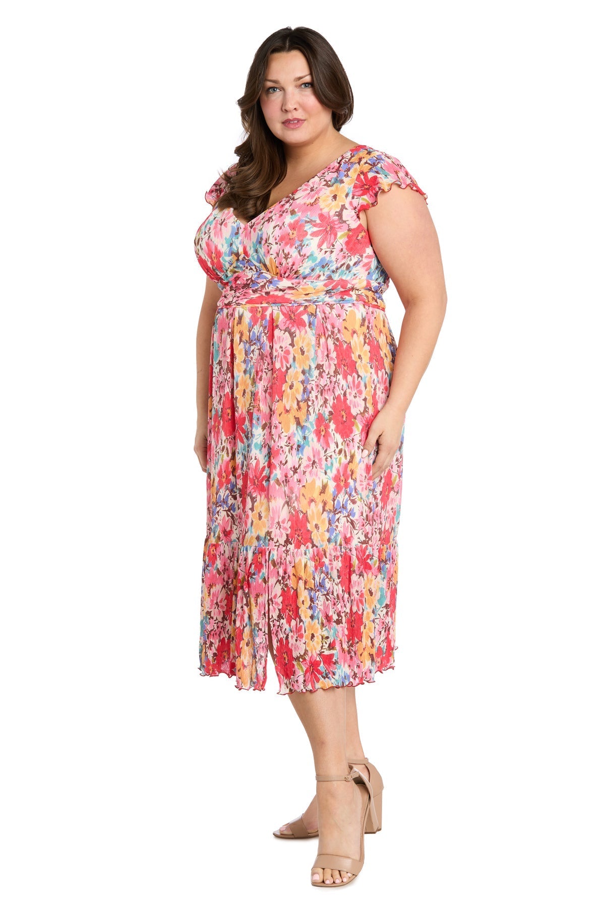 Plus Size Dresses Plus Size Ruffle Floral Print Midi Dress Coral/Multi