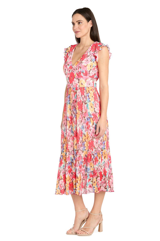 Formal Dresses Floral Print Petite Ruffle Midi Dress Coral/Multi