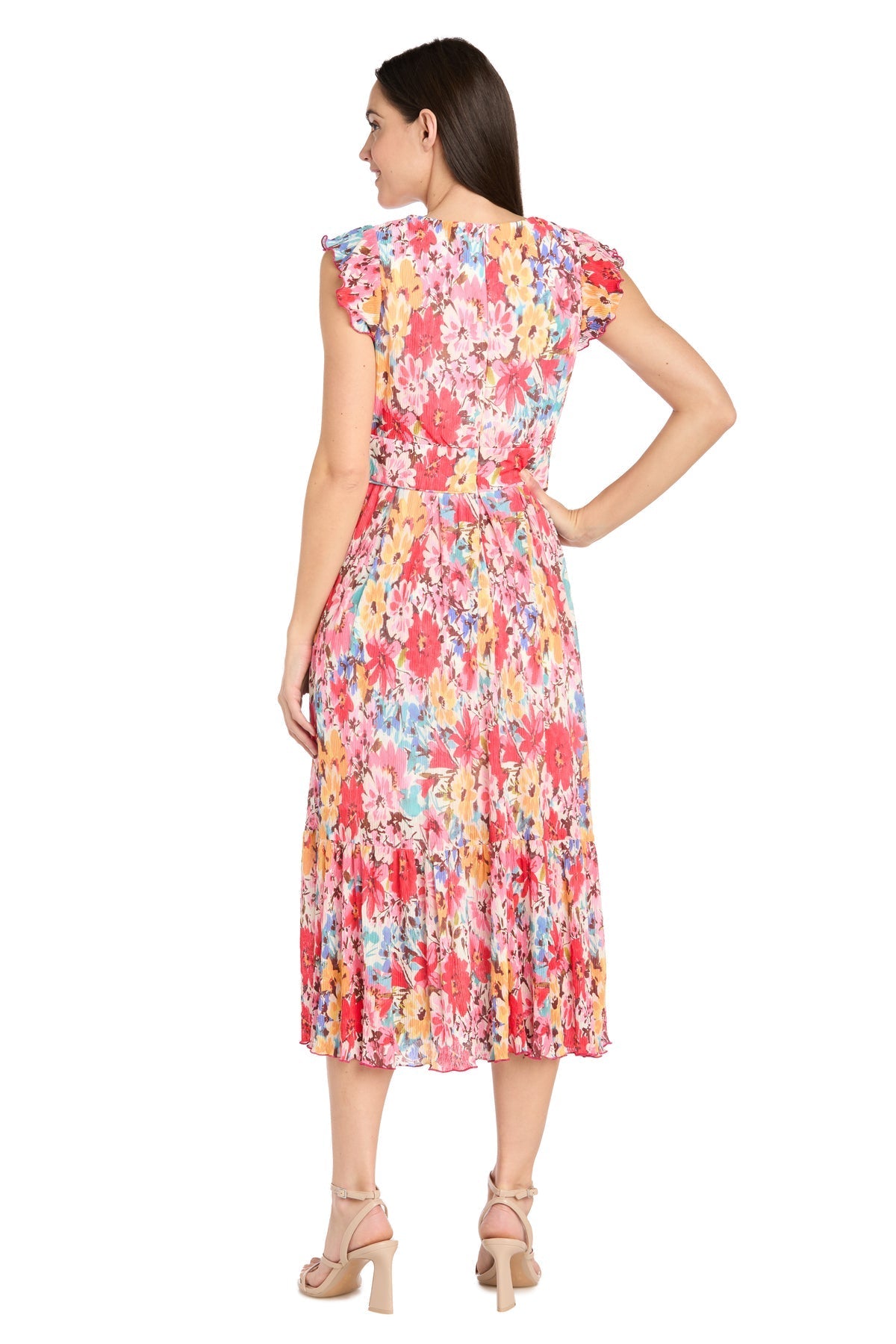 Cocktail  Dresses Floral Print Ruffle Midi Cocktail Dress Coral/Multi