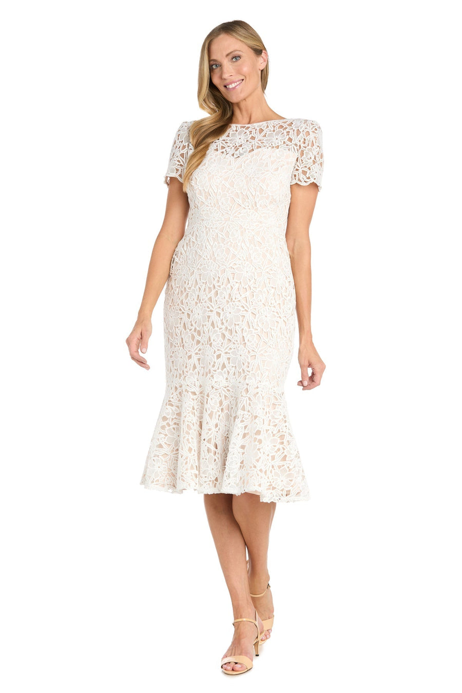 Cocktail Dresses Short Fitted Lace Midi Length Cocktail Dress Ivory/Nude