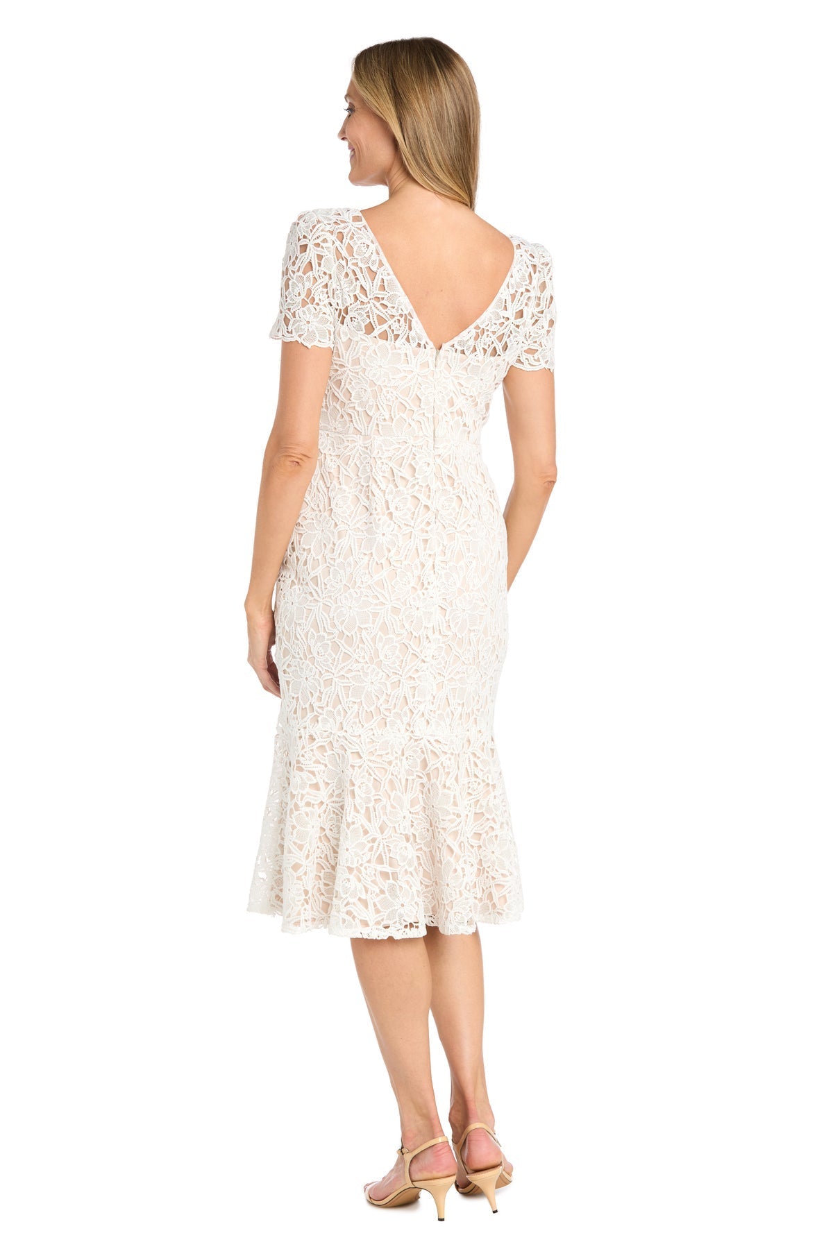 Cocktail Dresses Short Fitted Lace Midi Length Cocktail Dress Ivory/Nude