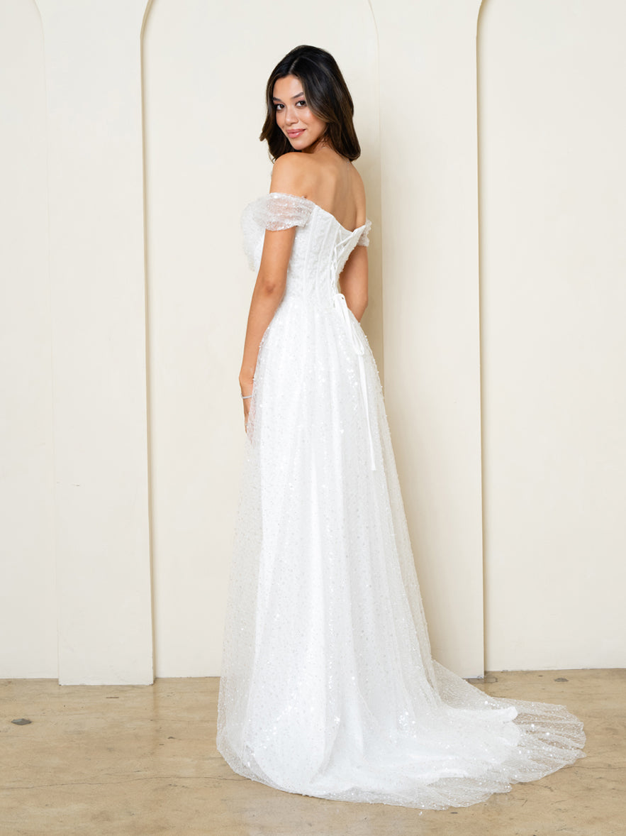 Wedding Dresses Long Simple Beaded Lace Wedding Dress Off White