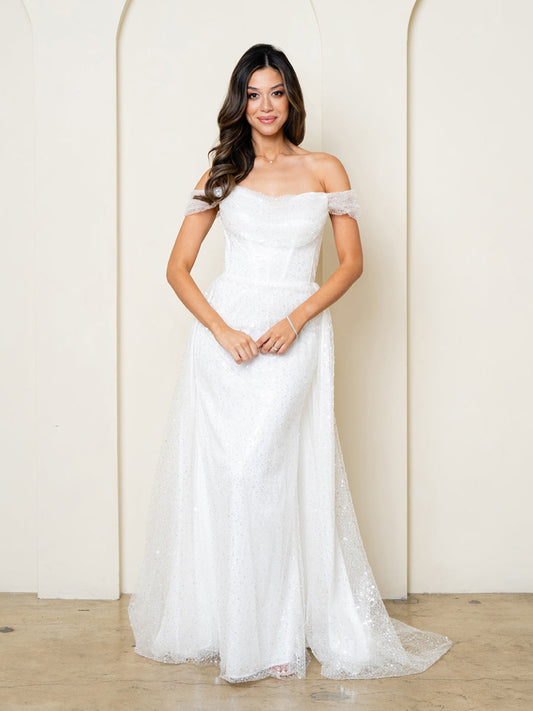 Wedding Dresses Long Simple Beaded Lace Wedding Dress Off White