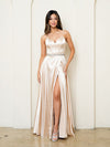 Prom Dresses A Line Long Formal Slit Pocket Prom Dress Champagne