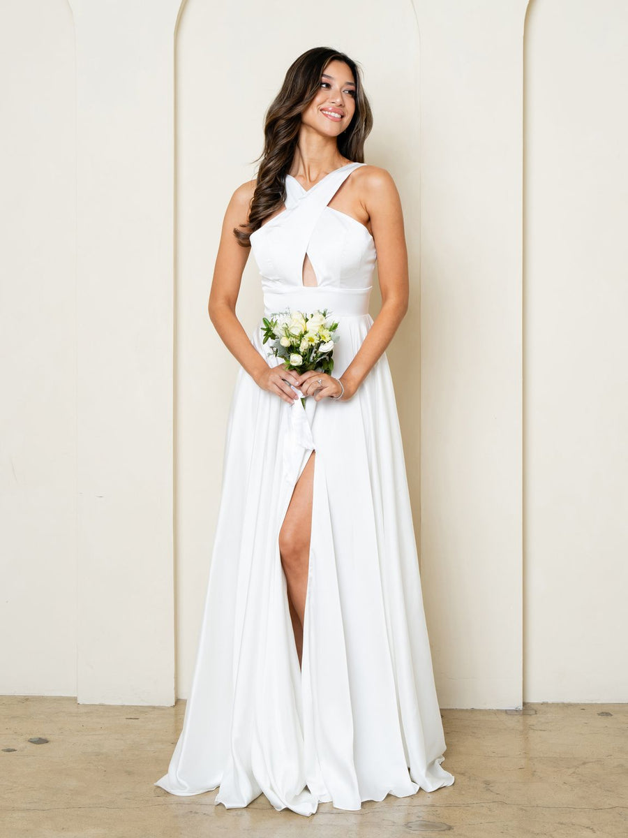 Wedding Dresses A Line Simple Long Slit Wedding Dress Off White