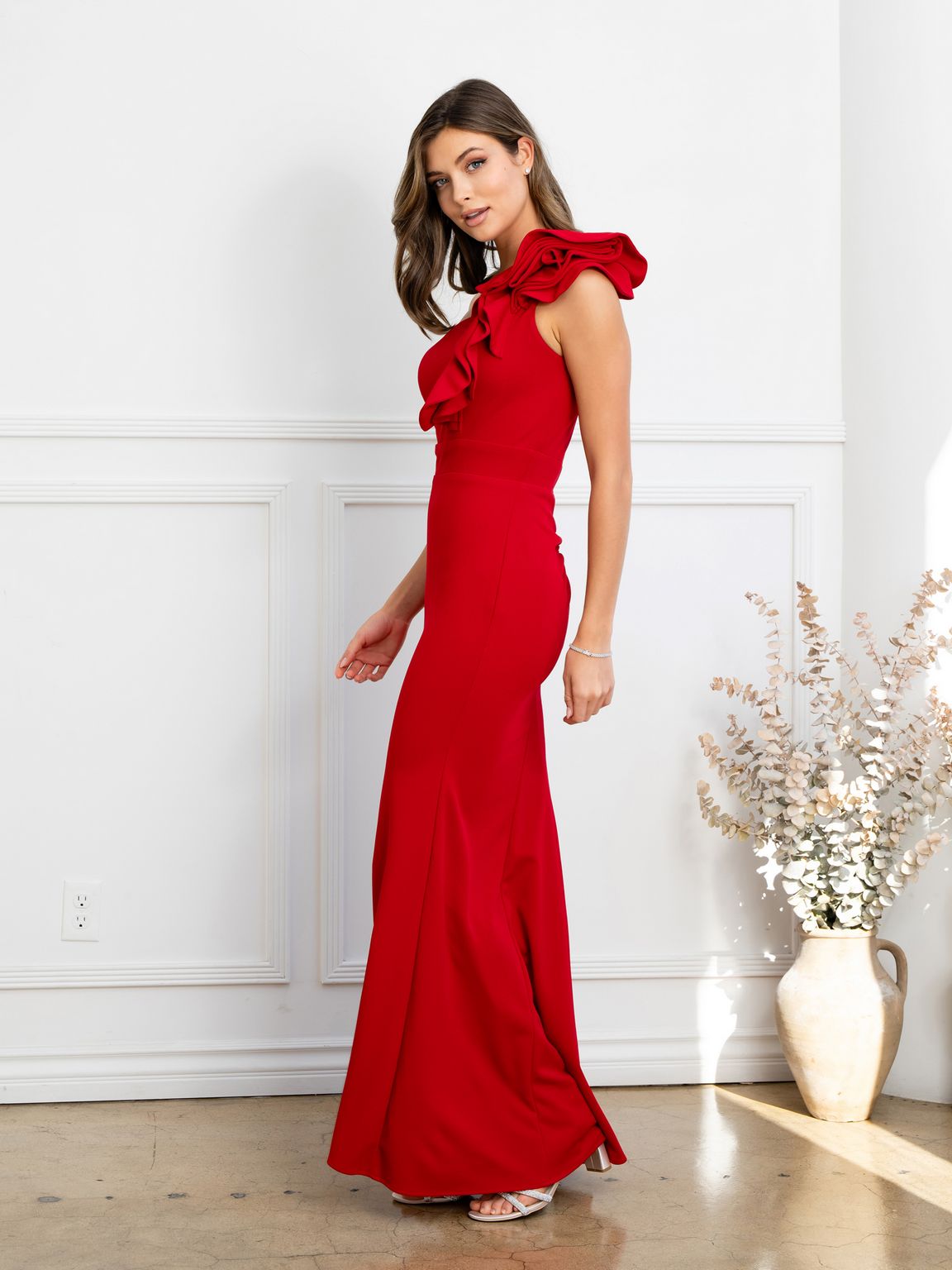 Prom Dresses Fitted Long Formal Ruffled Prom Dress Red