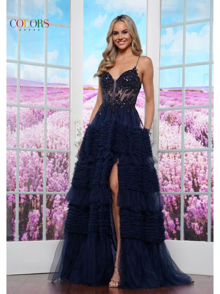 Prom Dresses Formal Ruffle Ball Gown Long Prom Dress Navy