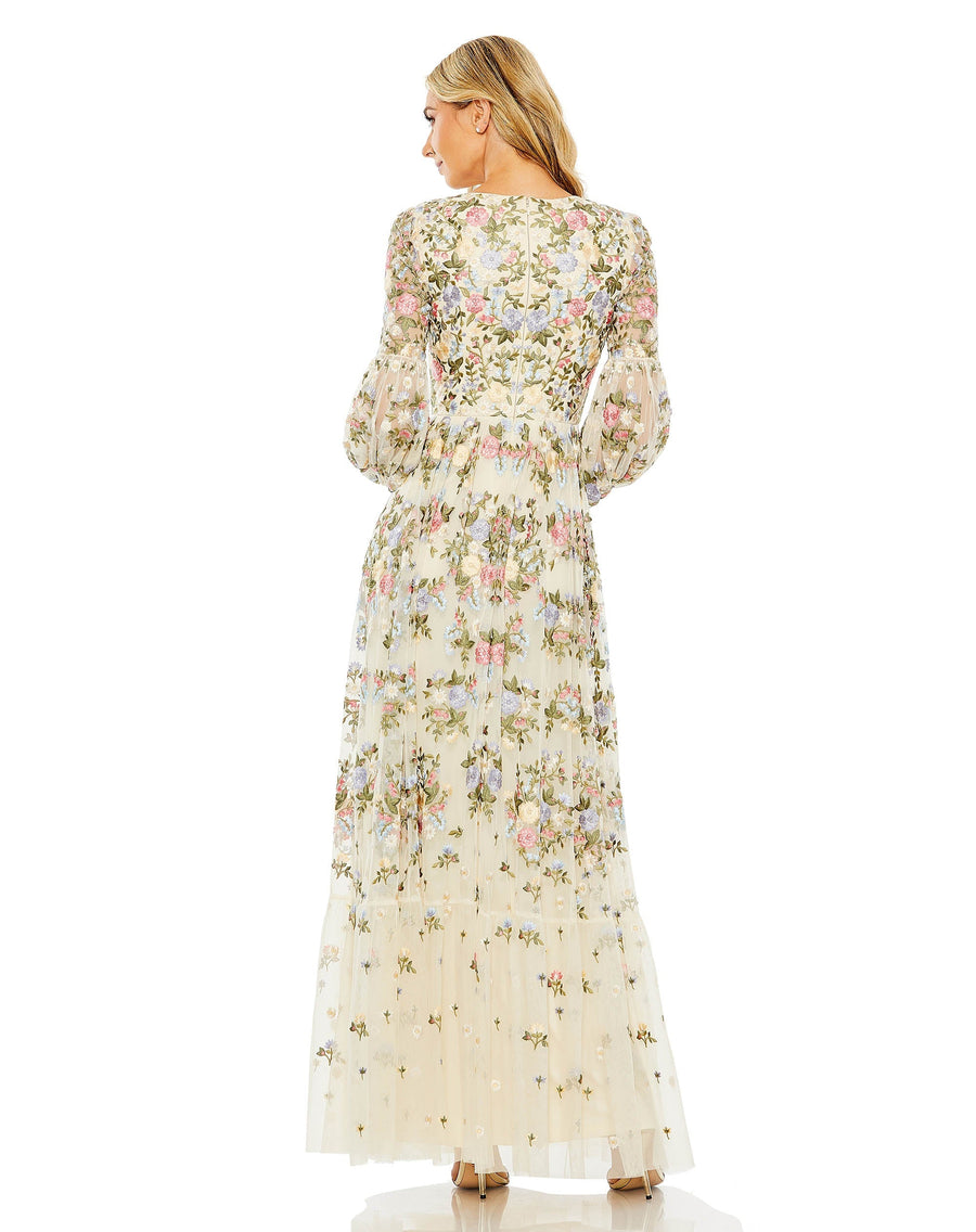 Formal Dresses Long Sleeve Floral Prom Formal Dress Ivory