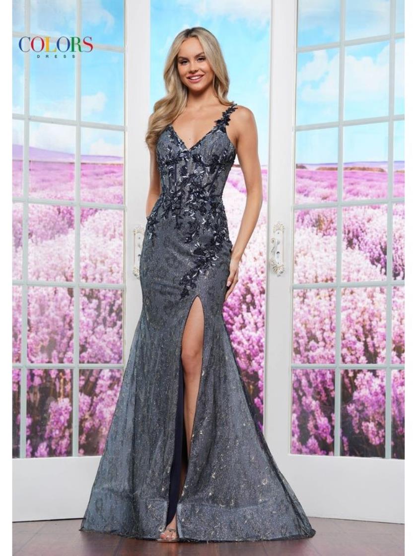 Prom Dresses Long Floral Glitter Formal Prom Dress Navy