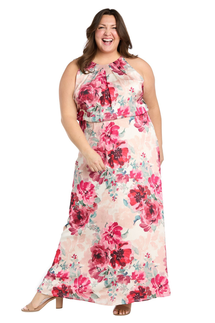 Plus Size Dresses Long Plus Size Formal Floral Print Maxi Dress Cream/Rose