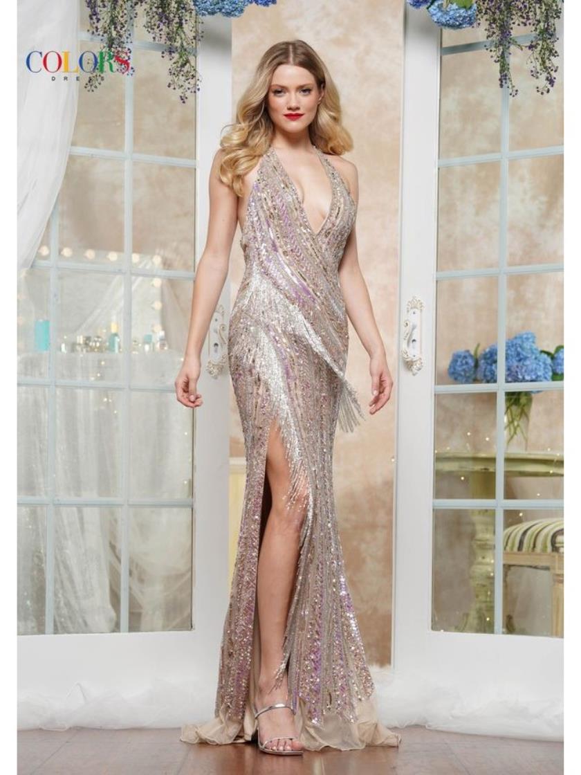 Prom Dresses Formal Halter Long Fringe Slit Prom Dress Light Nude