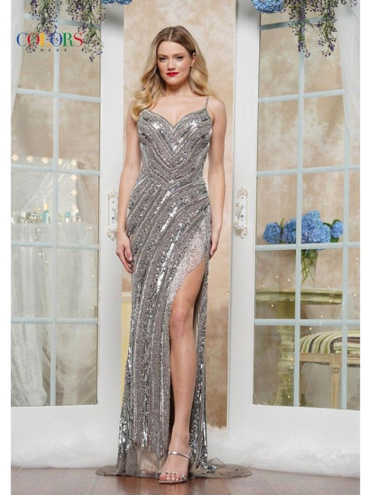 Prom Dresses Formal Long Beaded Motif Slit Prom Dress Platinum
