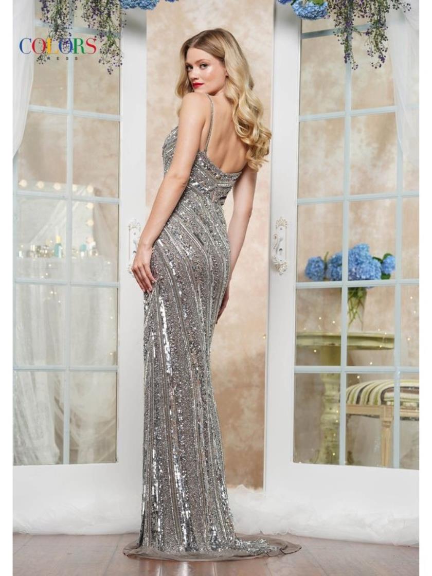 Prom Dresses Formal Long Beaded Motif Slit Prom Dress Platinum
