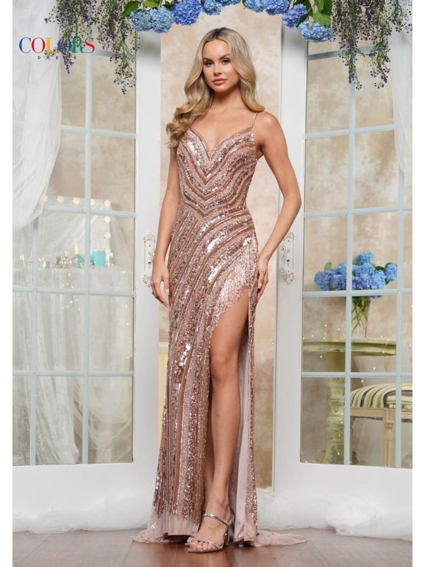 Prom Dresses Formal Long Beaded Motif Slit Prom Dress Rose Gold