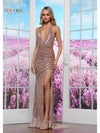 Prom Dresses Formal Fitted Long Halter Beaded Slit Prom Dress Rose Gold