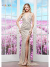 Prom Dresses Formal Fitted Long Halter Beaded Slit Prom Dress Silver Nude