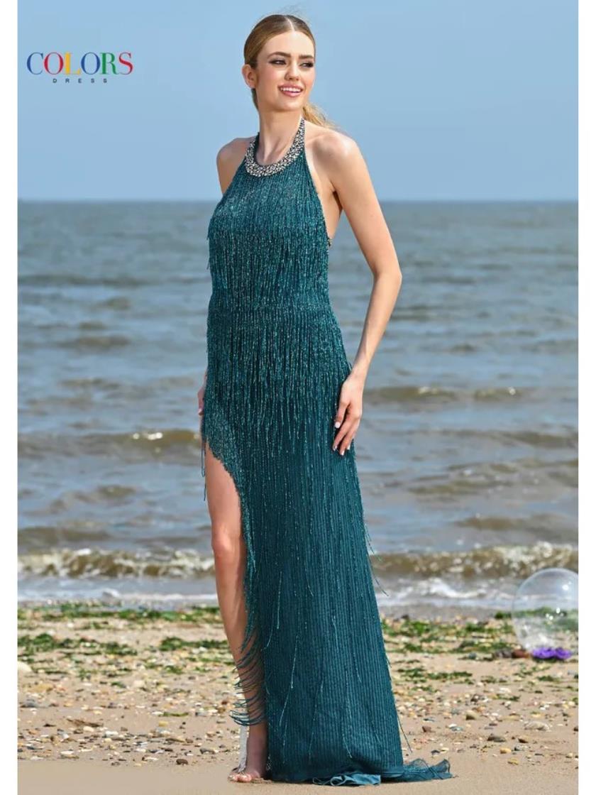 Prom Dresses Formal Beaded Halter Fringe Long Prom Dress Teal
