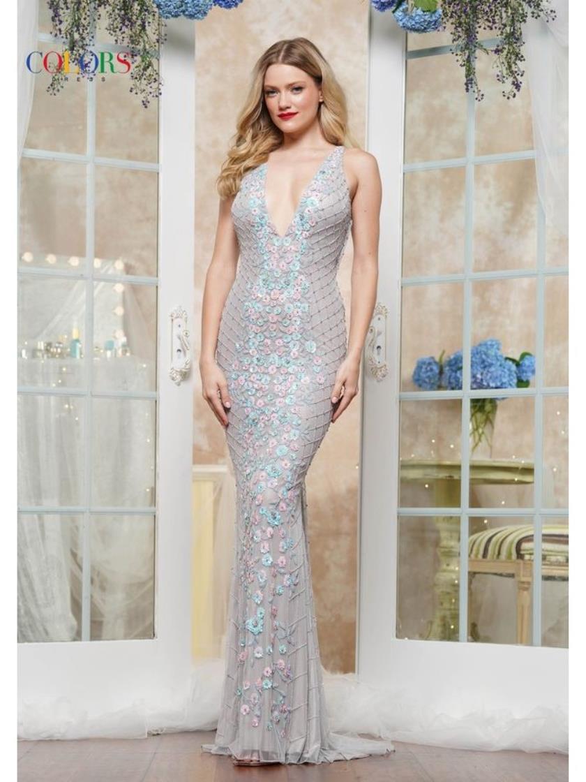 Prom Dresses Long Floral Beaded Fitted Formal Prom Dress Grey