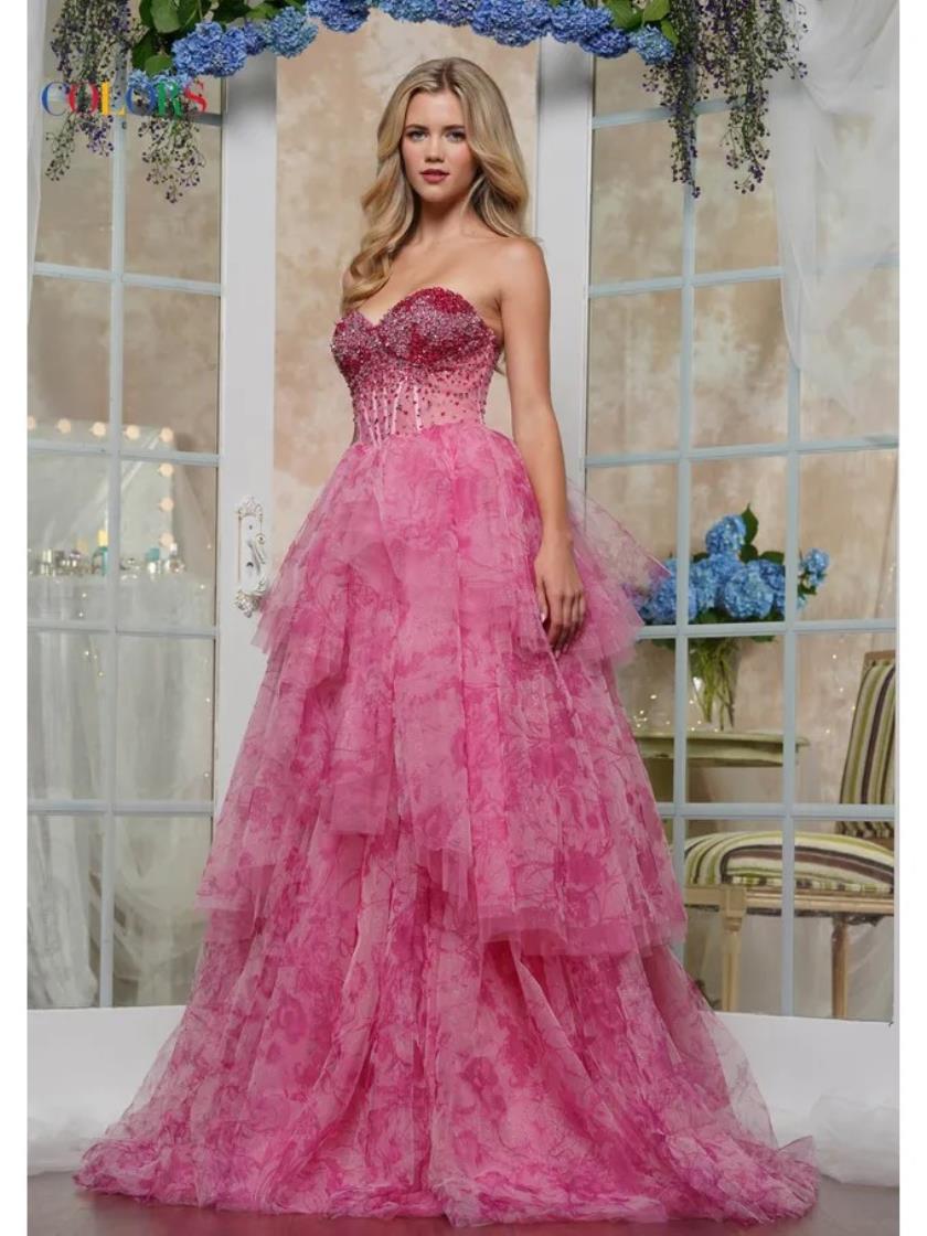 Prom Dresses Formal˜Print Mesh Ruffle Long Prom Dress Coral Pink